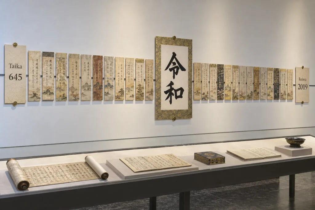 The Reiwa calligraphy beside a chronological line running from Taika in 645 to Reiwa in 2019.