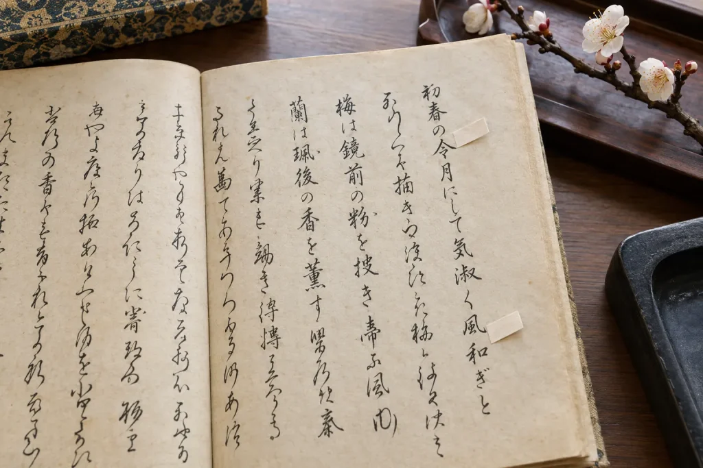 An open reproduction of Book Five of the Man’yoshu with the characters 令 and 和 identified in the plum-blossom preface.