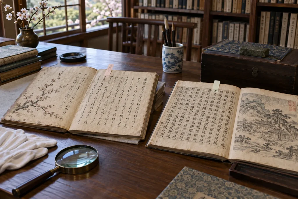 The Man’yoshu plum preface and Zhang Heng’s spring passage displayed as two separate historical texts with their parallel phrases aligned.