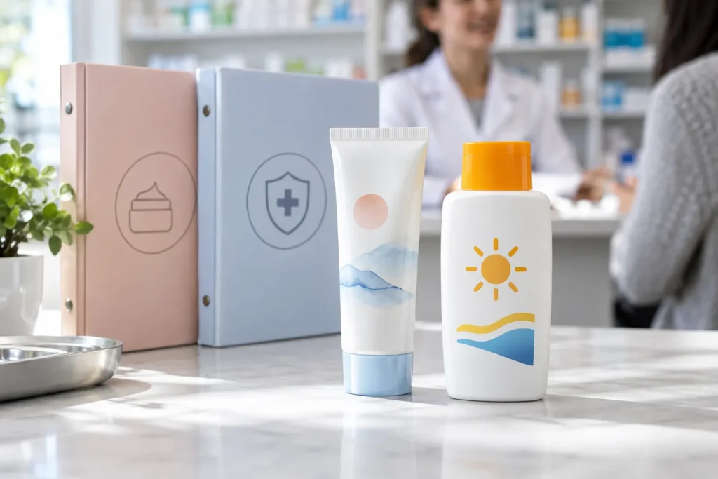 Japanese and American sunscreen packages beside separate cosmetic and OTC drug rulebooks.