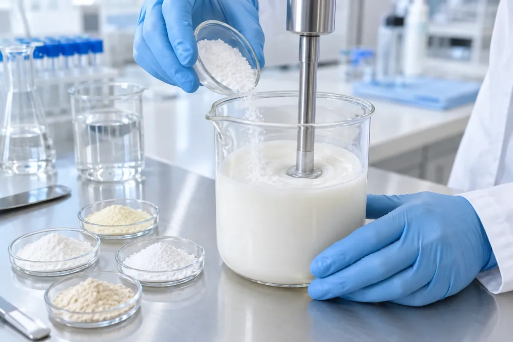 A laboratory formulation bench with several UV-filter samples being combined into a lightweight sunscreen emulsion.