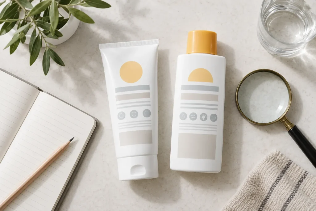 SPF, PA, broad-spectrum, water-resistance, and ingredient information identified on two sunscreen packages.
