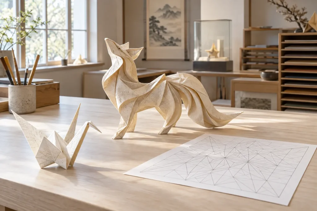 A paper crane beside a complex curved origami sculpture and a technical folding diagram.