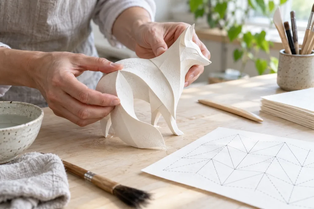 Dampened heavyweight paper being shaped into a curved animal form beside mountain-fold and valley-fold symbols.