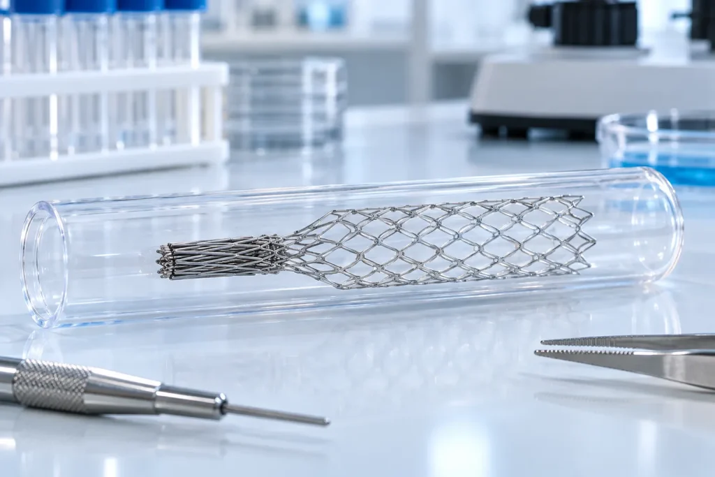 A compact fold-inspired stent prototype expanding into a cylindrical form on a biomedical engineering bench.