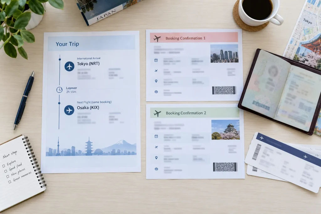 An international itinerary continuing from Tokyo to a regional Japanese airport, with separate-ticket and through-ticket options compared.