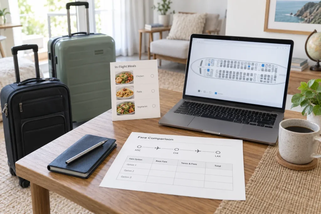 Carry-on luggage, checked baggage, seat choice, meal, and domestic connection entered into a complete airfare worksheet.