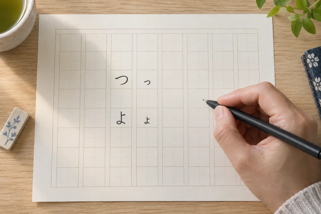 Handwritten きて and きって on squared practice paper, with つ and っ clearly distinguished