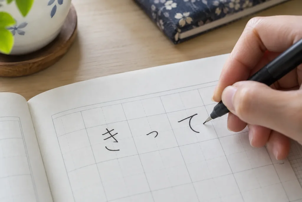 A squared notebook showing the reading sequence き → っ → て, with the middle character visibly smaller.