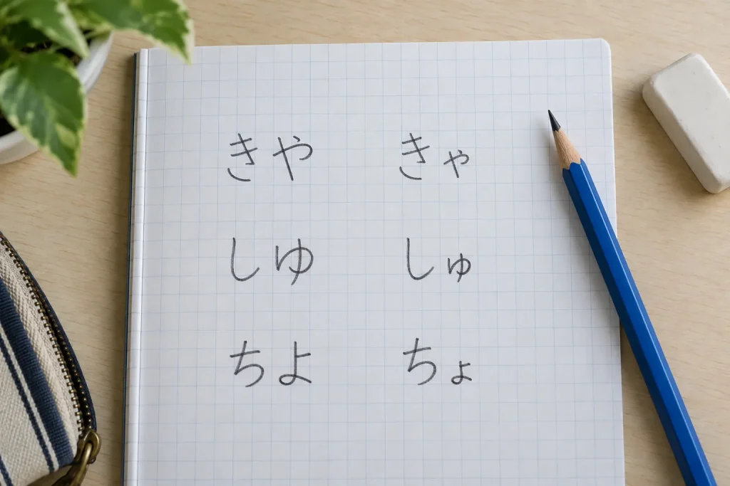 Practice rows comparing きや/きゃ, しゆ/しゅ, ちよ/ちょ, and りよ/りょ