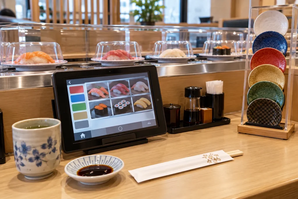Touch-panel ordering screen, protected sushi lane and plate-price guide at one table