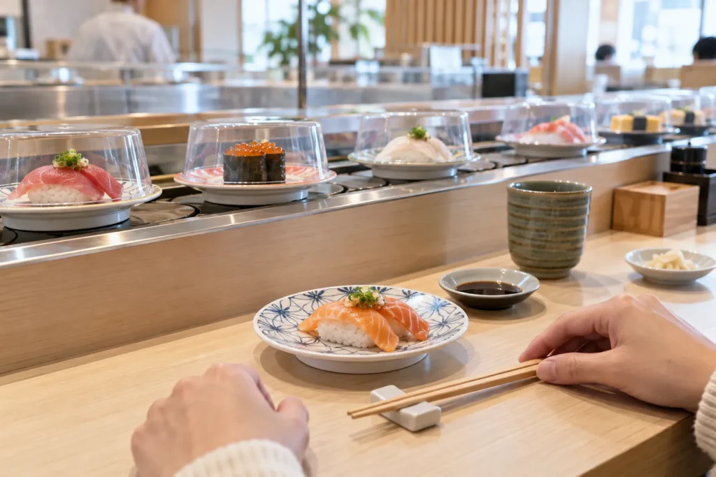 Diner’s place setting with an accepted sushi plate beside a protected conveyor lane