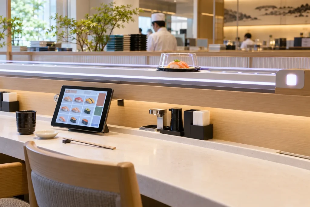 Modern sushi counter showing a touch panel beside a controlled express-delivery lane