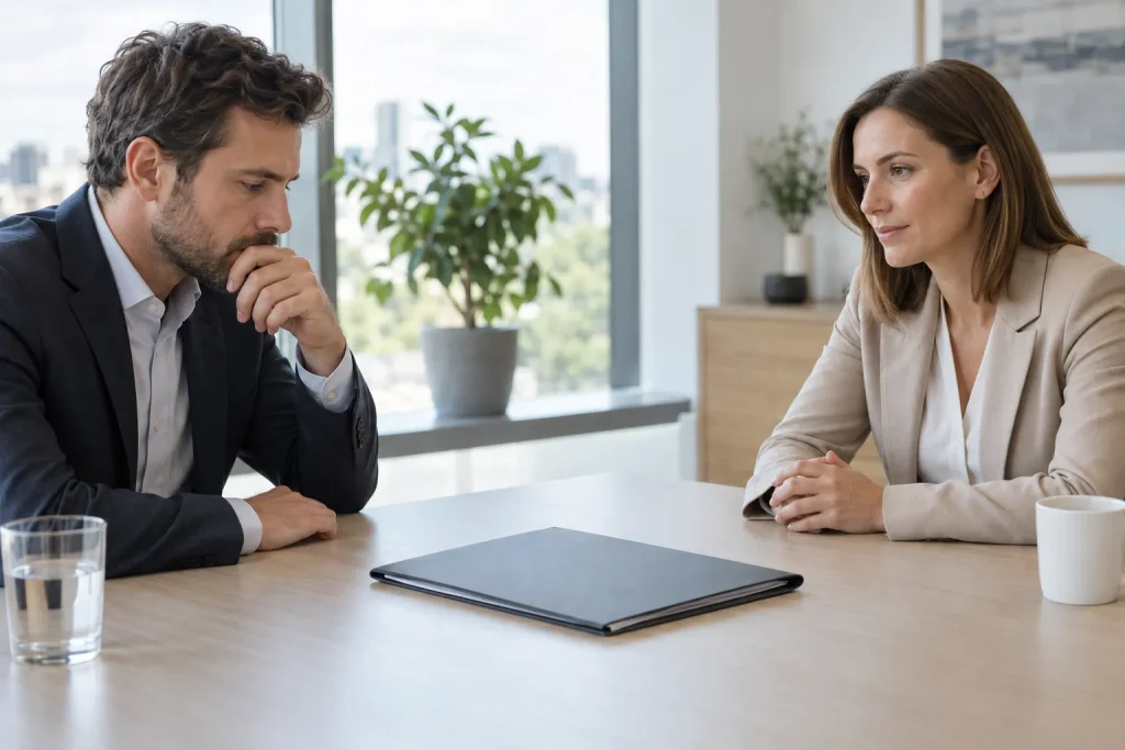 A business conversation paused while one participant considers a proposal.