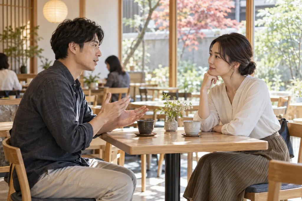 Two people listening attentively during a quiet café conversation.