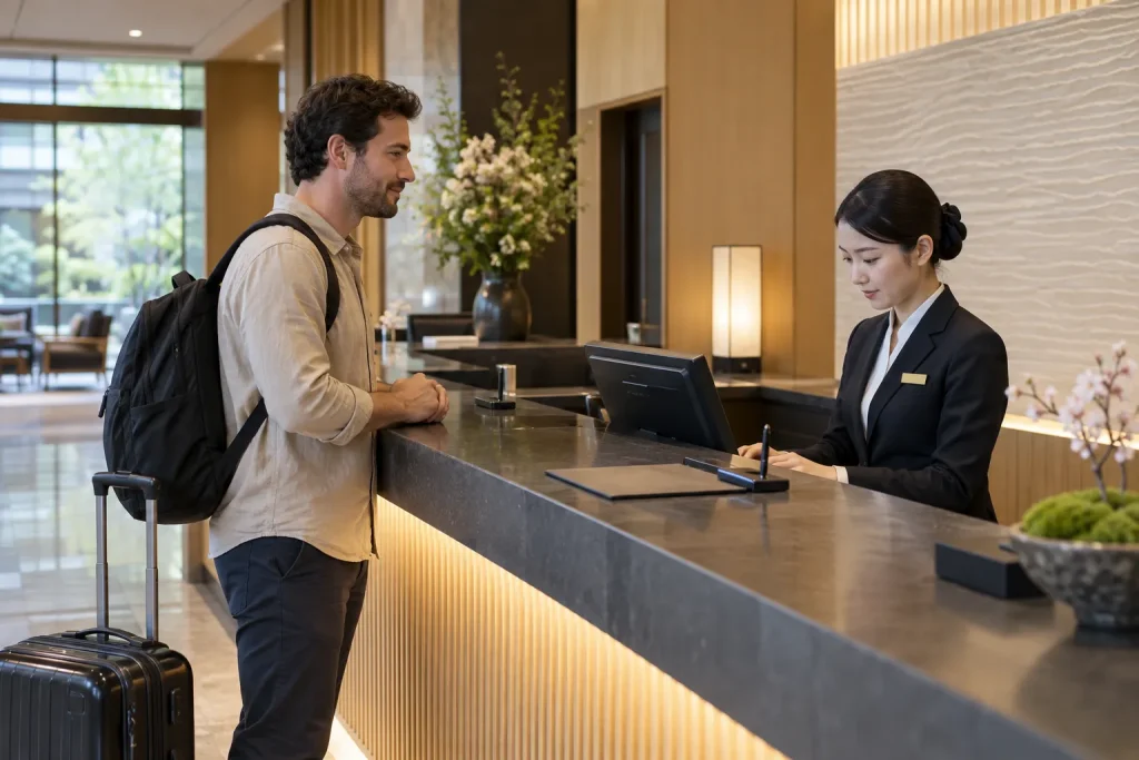 A visitor pausing after a brief apology at a hotel reception desk.