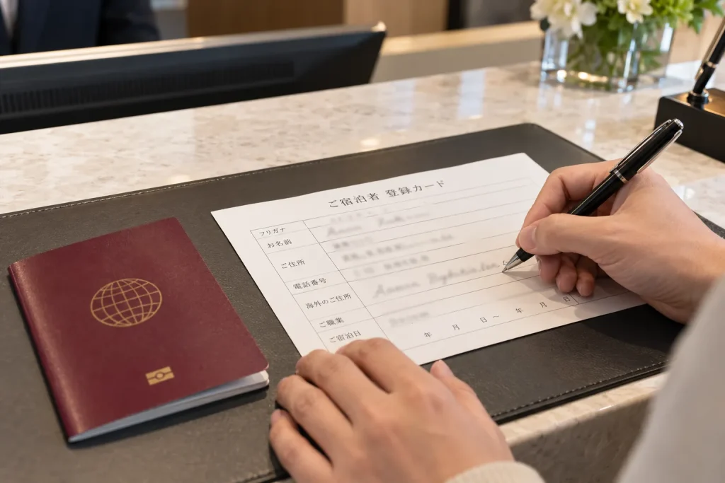 Passport, hotel registration card, and the completed overseas-address field.