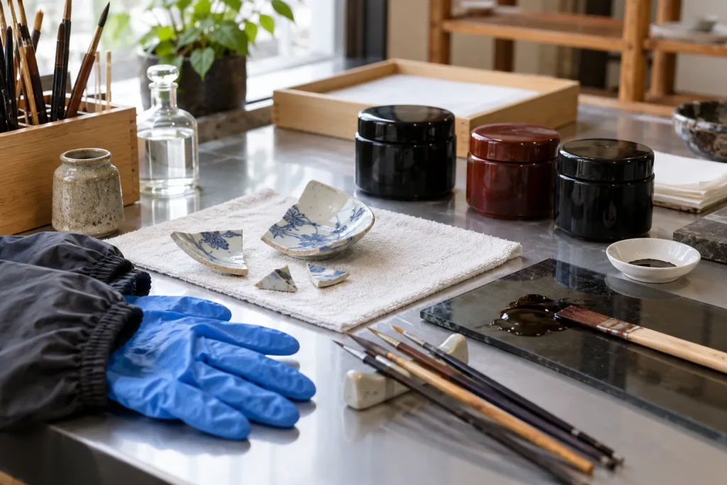 Protective gloves, lacquer tools, and a clearly separated ceramic-repair workspace.