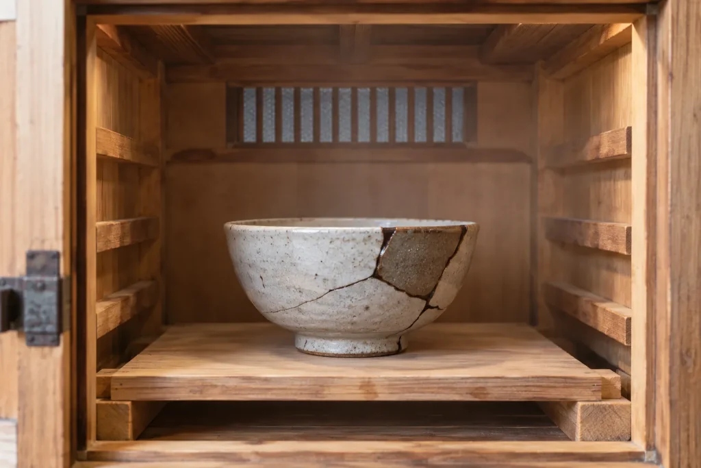 A repaired ceramic bowl resting inside a traditional humidity chamber between lacquer stages.