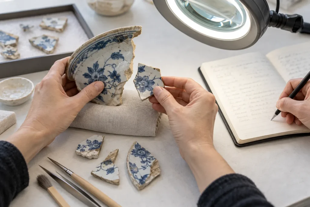 Ceramic fragments being assessed for cracks, missing areas, glaze damage, and alignment before repair.