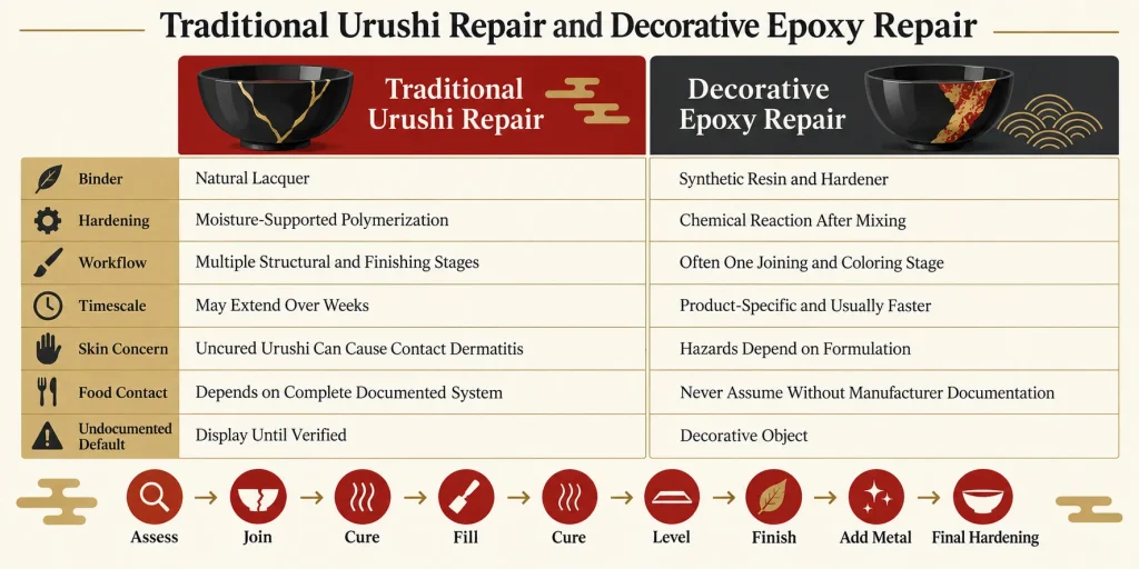 Traditional Urushi Repair and Decorative Epoxy Repair: What Actually Changes.