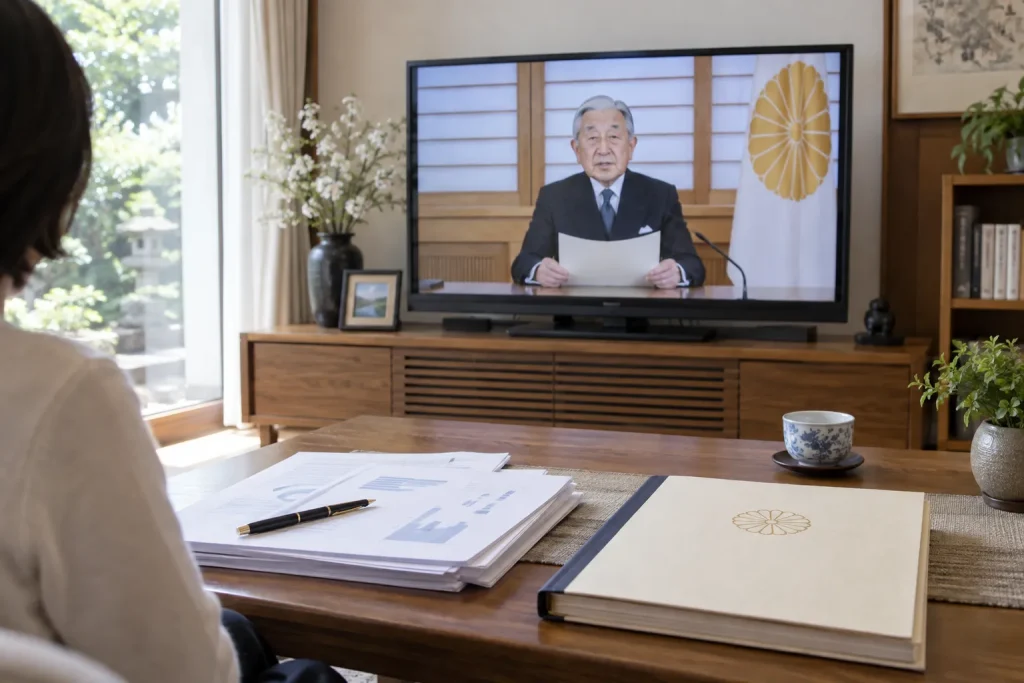 The televised imperial message, government consultation documents, and the special-law text shown as separate stages.