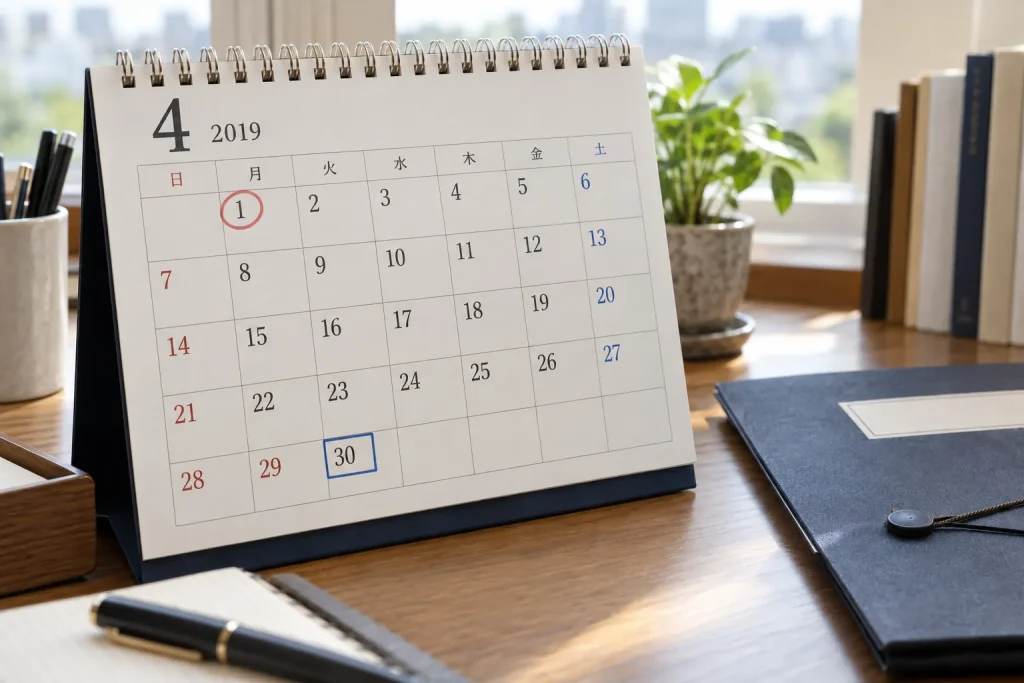 A calendar showing the Reiwa announcement in April and the actual era change in May as different events.
