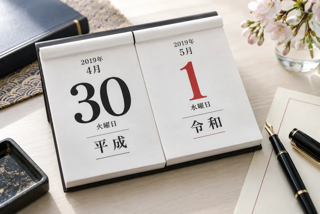 The final Heisei date and first Reiwa date on adjacent official-style calendar pages.