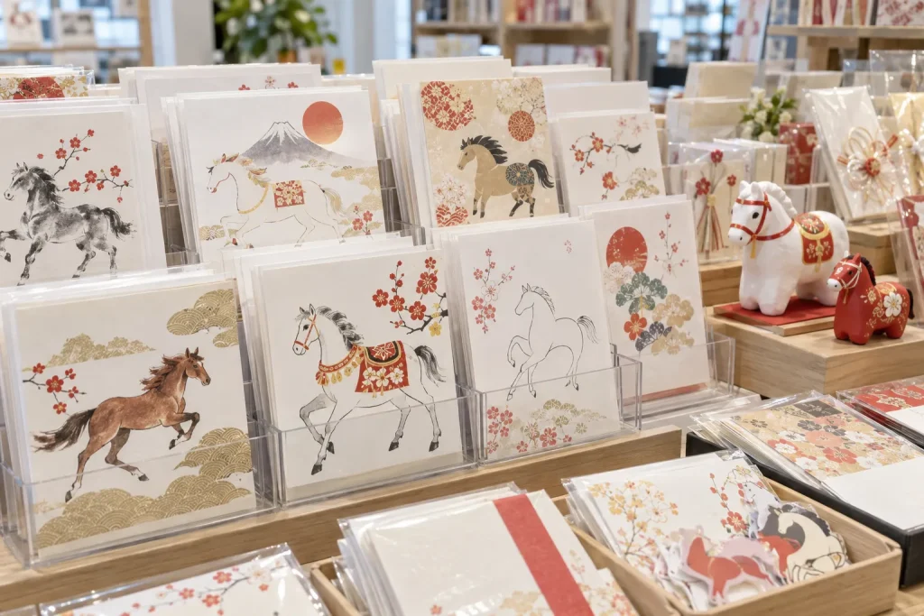 Japanese store display of New Year cards and goods bearing the incoming year’s animal