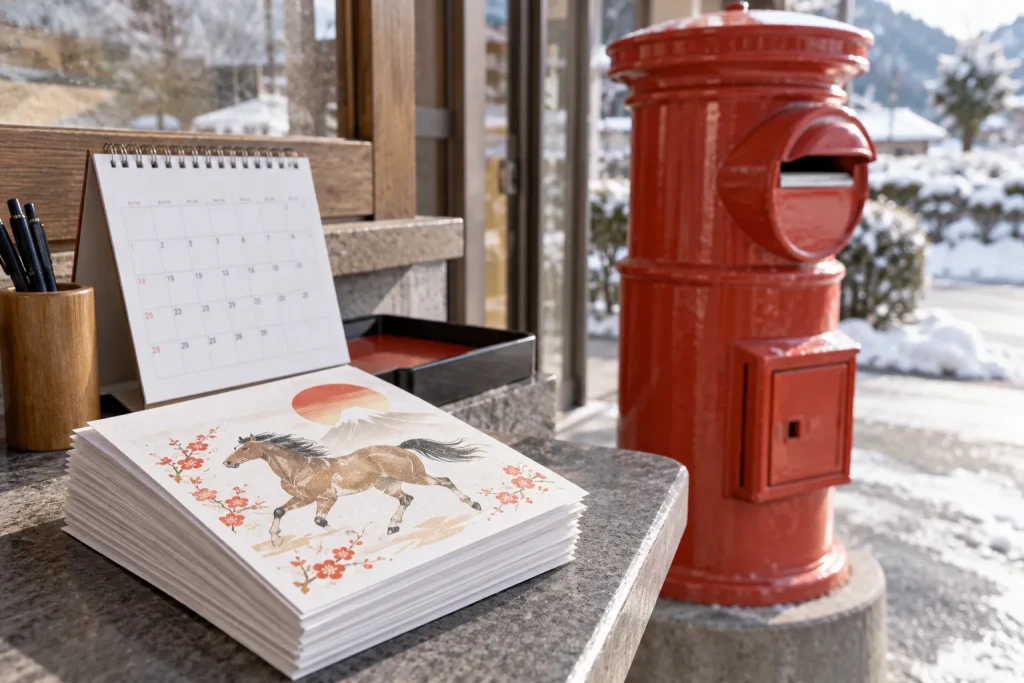 New Year postcards with the coming animal beside a Japanese mailbox and calendar