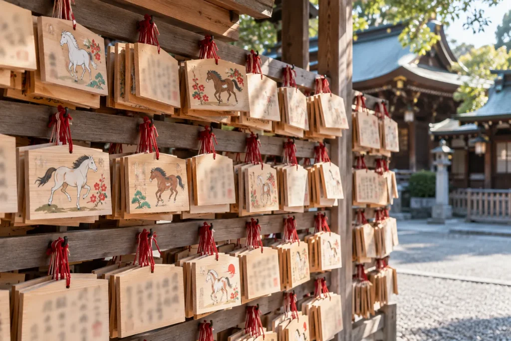 Shrine display containing wooden plaques with the current year’s animal