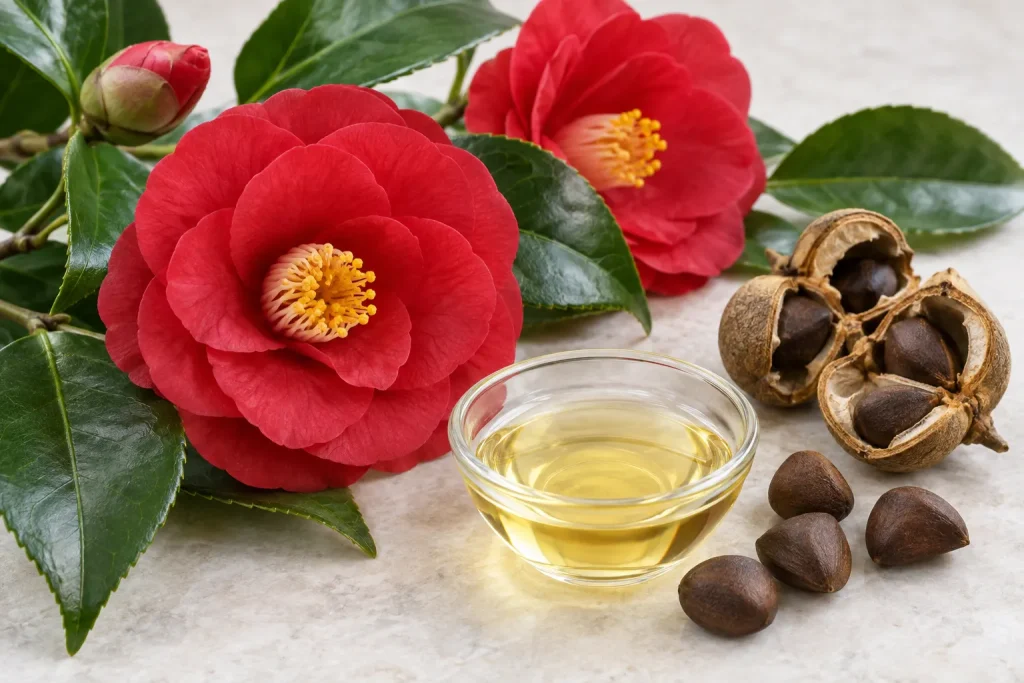 Camellia japonica flowers, seed pods, loose seeds, and a small bowl of clear pressed oil