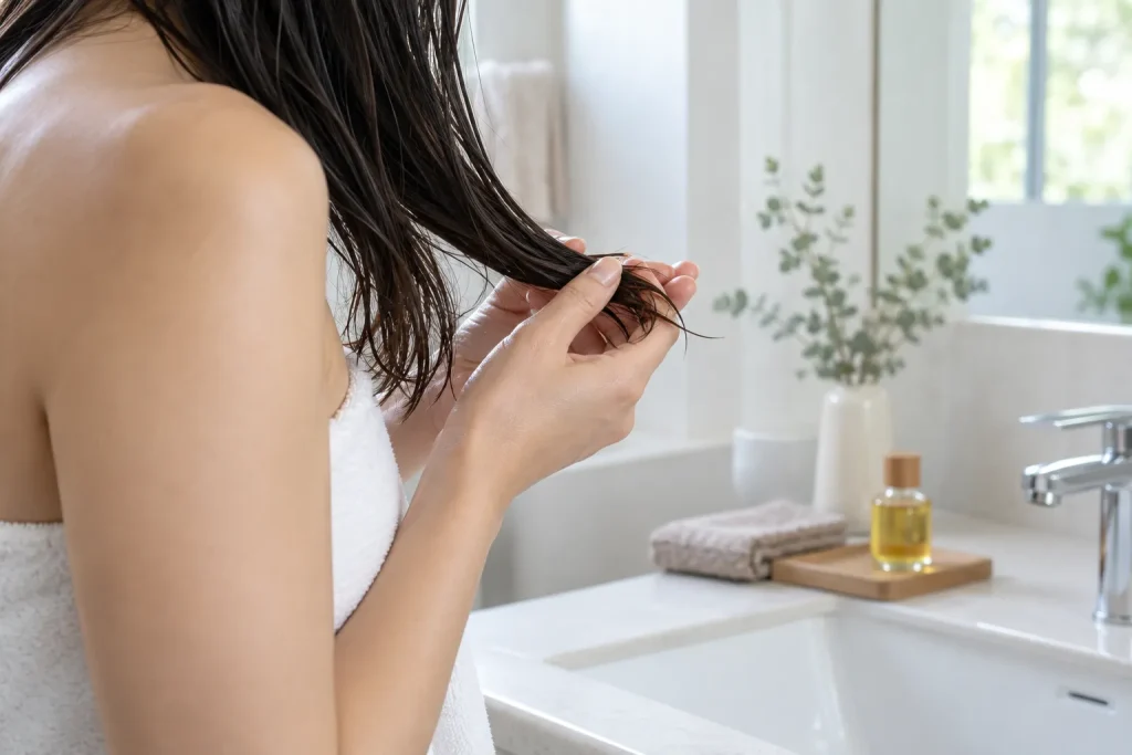 A small amount of tsubaki oil being distributed through the ends of damp hair
