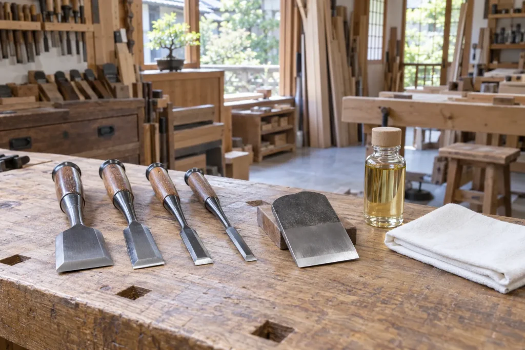 Clean carbon-steel woodworking tools beside a plain bottle of tool-grade camellia oil