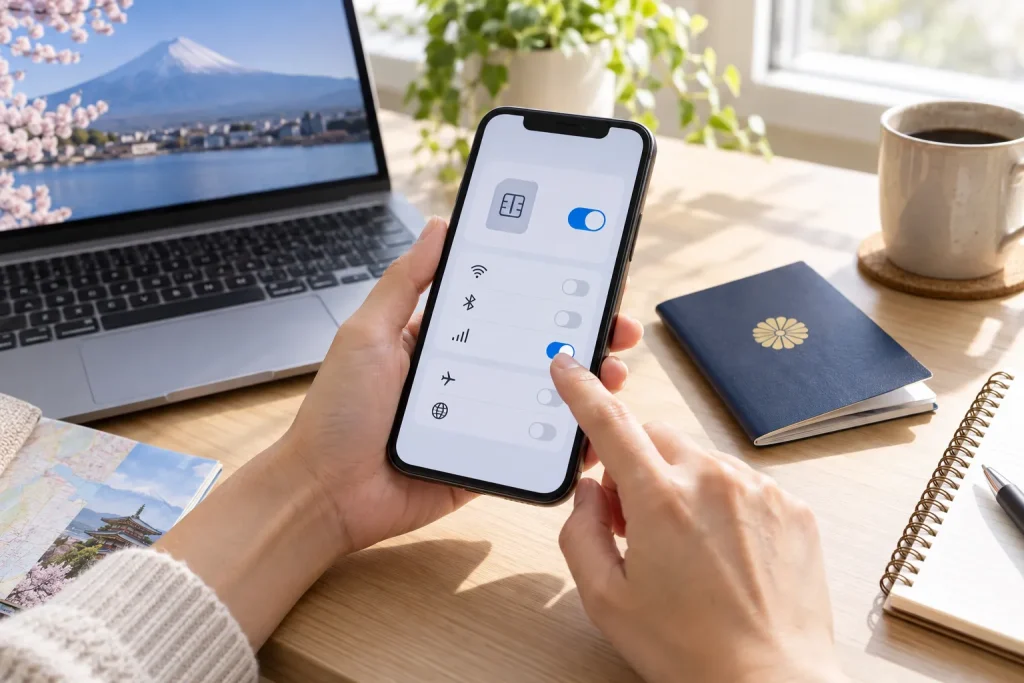 A traveler activating a Japan eSIM on an unlocked phone before departure