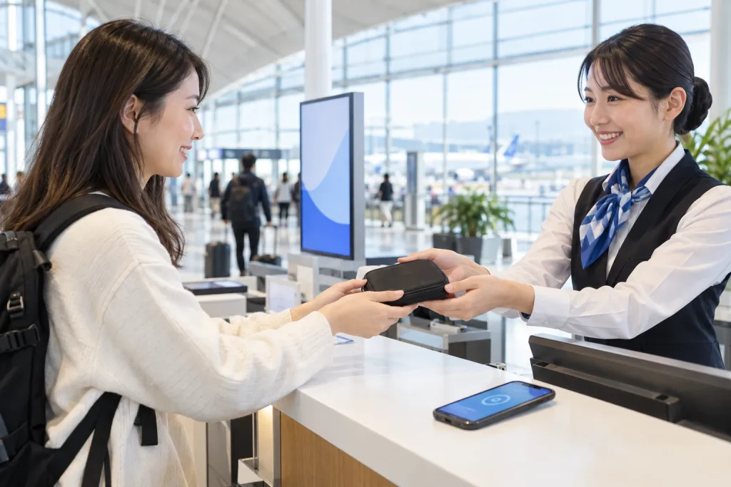 An airport connectivity counter offering eSIM activation and pocket router pickup