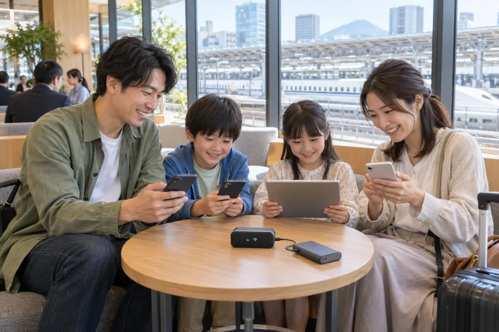  A family using several connected devices around one charged pocket router