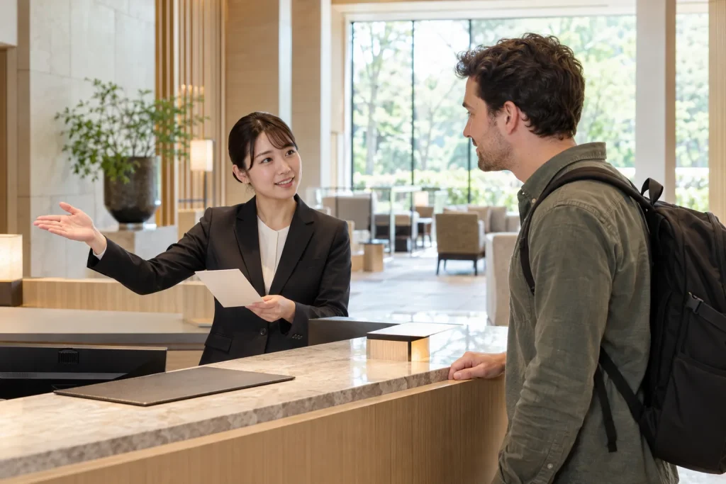 A traveler listening attentively while receiving information from Japanese hotel staff