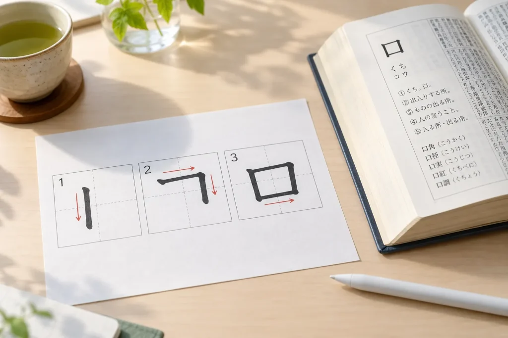 A bright study desk with 口 shown as three numbered pen movements beside a paper dictionary and stylus
