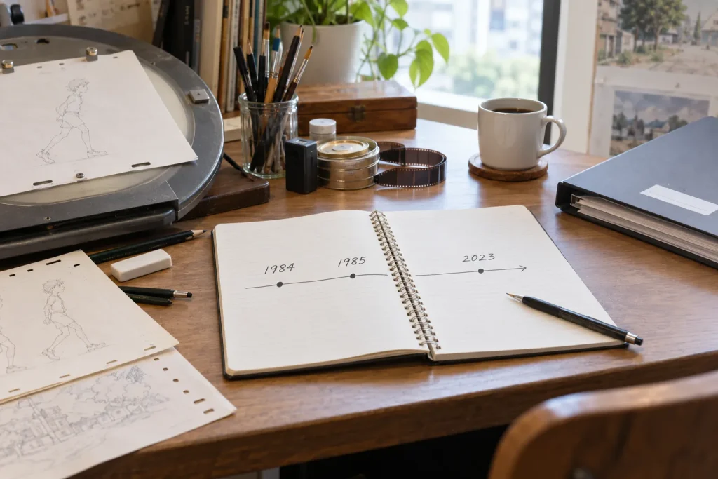 Studio Ghibli’s official works catalog beside a notebook containing the dates 1984 and 1985