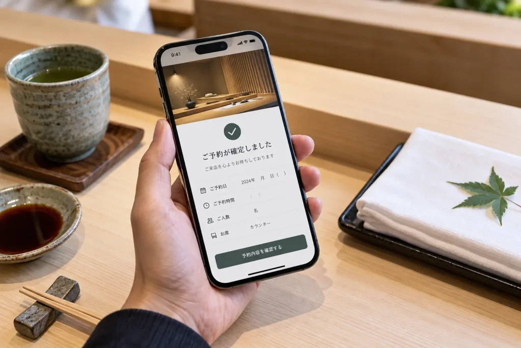 Reservation confirmation beside a Tokyo sushi counter place setting, with the course price and cancellation deadline visible on a phone