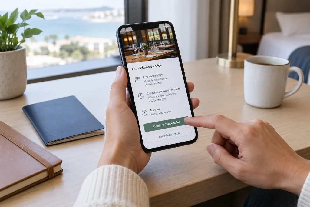 A guest reviewing a Japanese restaurant booking policy on a smartphone before confirming a reservation