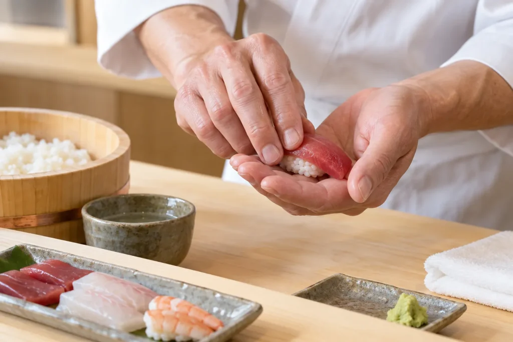 Chef’s hands forming one piece of nigiri at a bright hinoki-wood counter, with rice and prepared seafood kept clearly separate