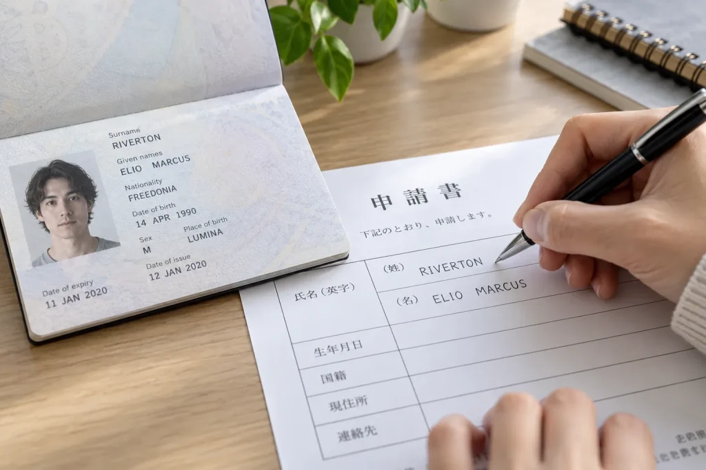 Open passport beside a Japanese form with separate family-name and given-name fields