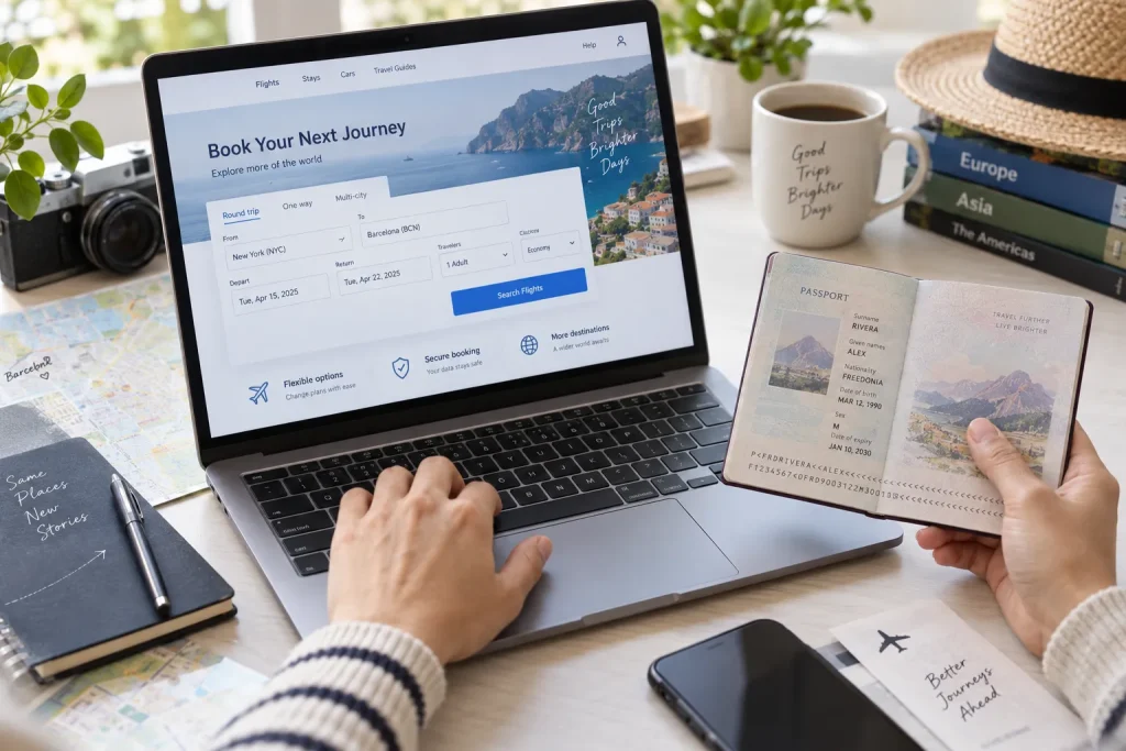 Traveler comparing the name fields on an international flight reservation with an open passport