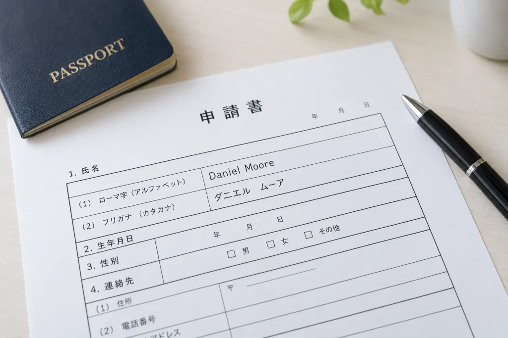 Roman-letter passport name compared with its katakana reading on a Japanese application