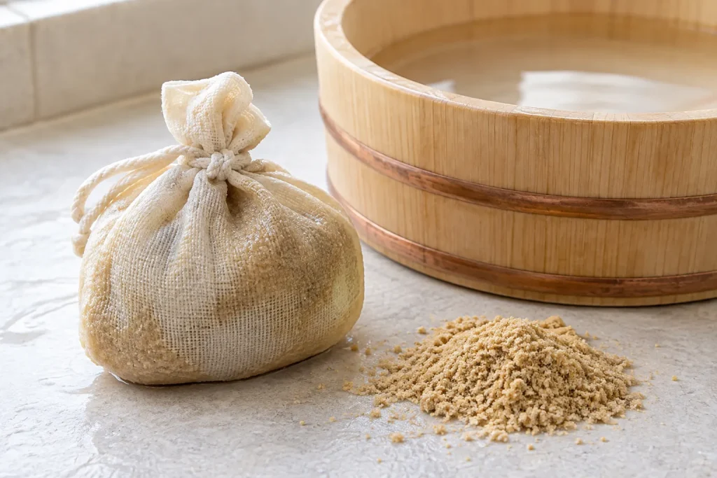 Traditional cloth rice-bran bag beside loose rice bran and a wooden washing bowl