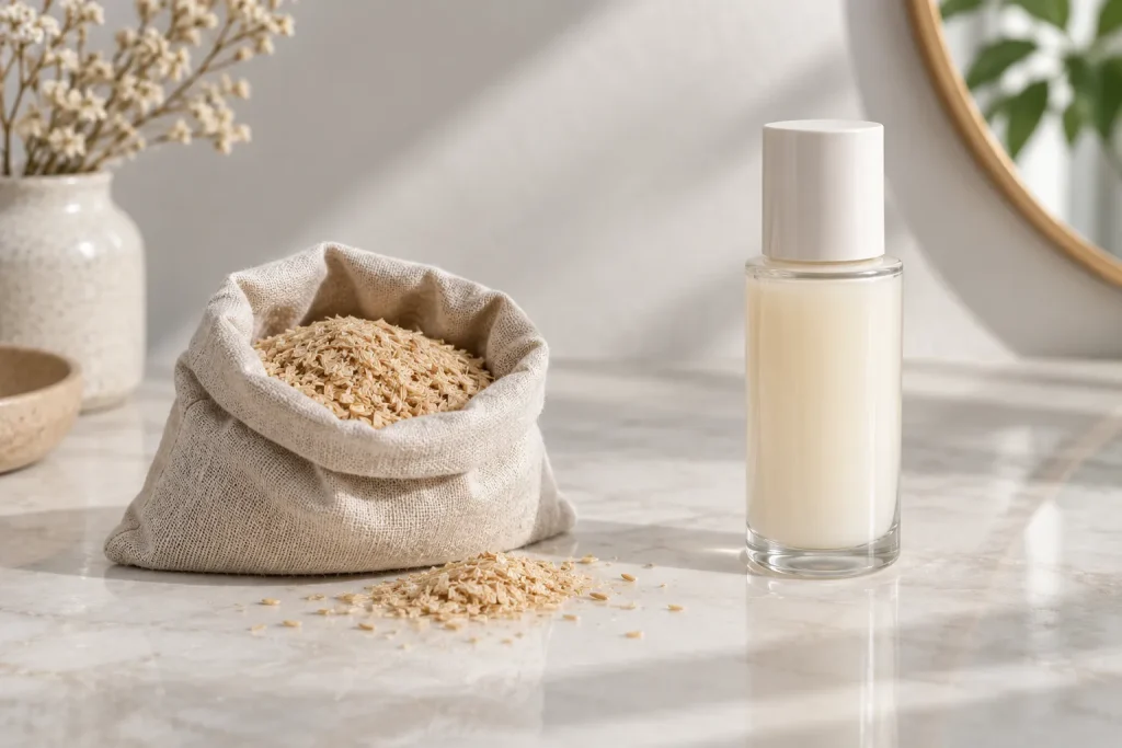 Historical bran pouch contrasted with a modern preserved cosmetic bottle containing rice-derived ingredients