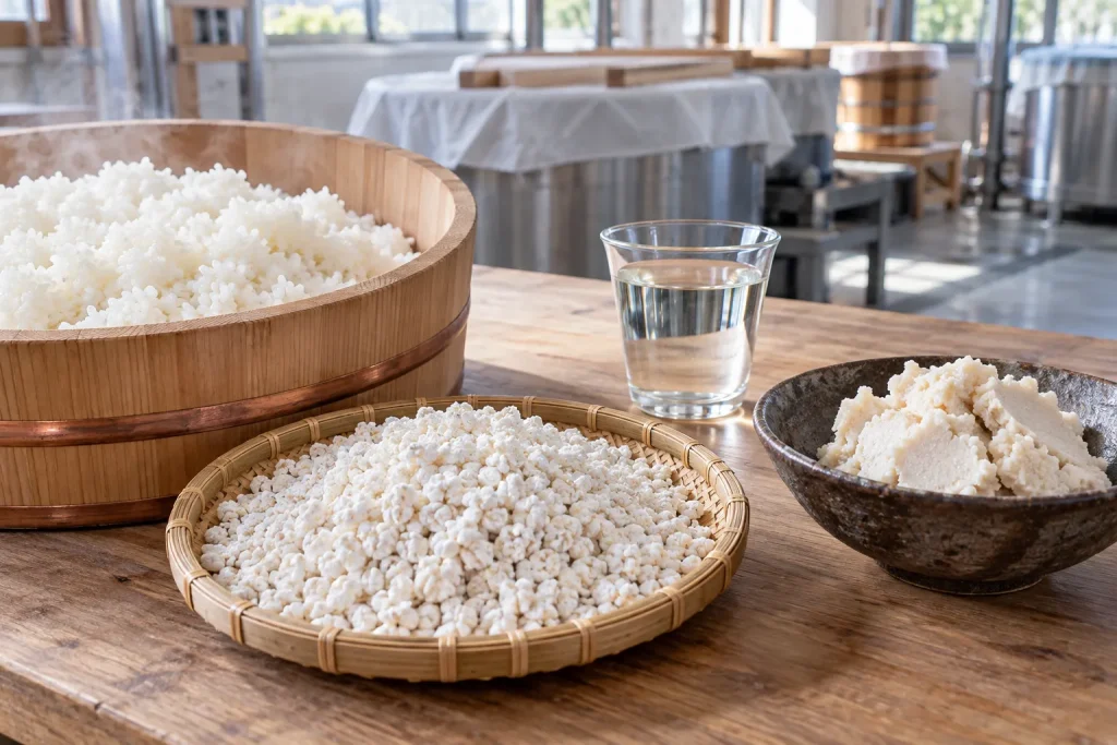 Sake fermentation materials—steamed rice, rice kōji, and filtered liquid—shown as distinct substances