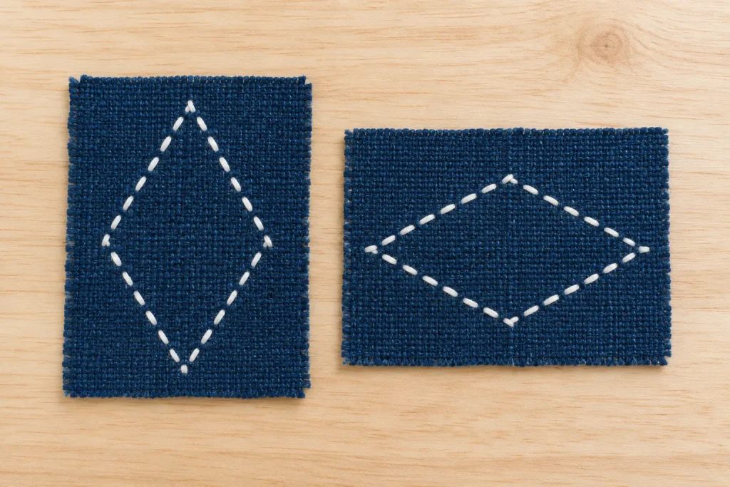 Two labeled stitch samples: an upright odd-count kogin diamond and a wider even-count hishizashi diamond